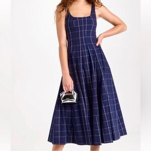 Staud Wells Midi Dress Navy Blue Plaid RARE PATTERN size 4